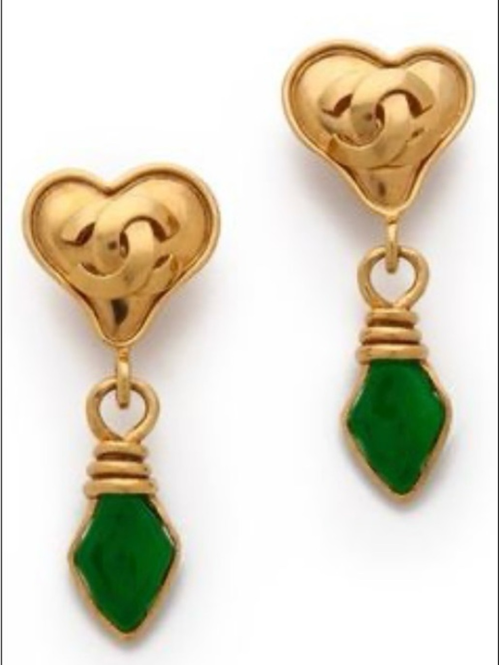Double C Gold - Tone And Green Dangle Logo Clip On Earrings